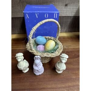 Vintage Avon Marbleized Egg Soaps in Wicker Basket + Geese And Bunny In Box